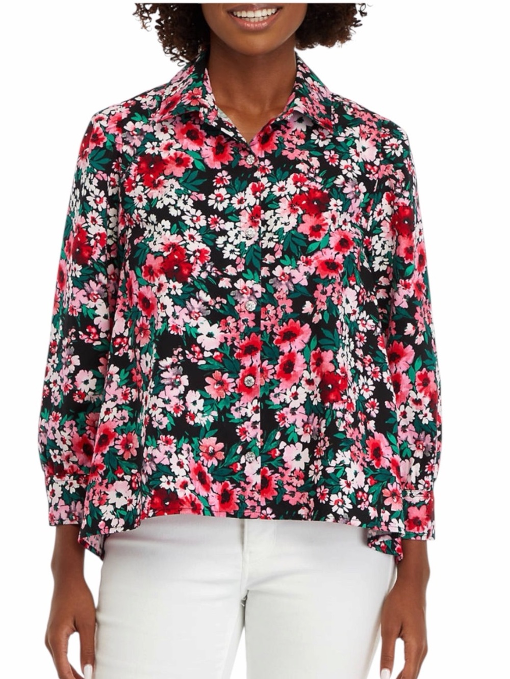 Crown & Ivy Women's Blouson Sleeve Floral Button Down Shirt Black Floral 2X NEW